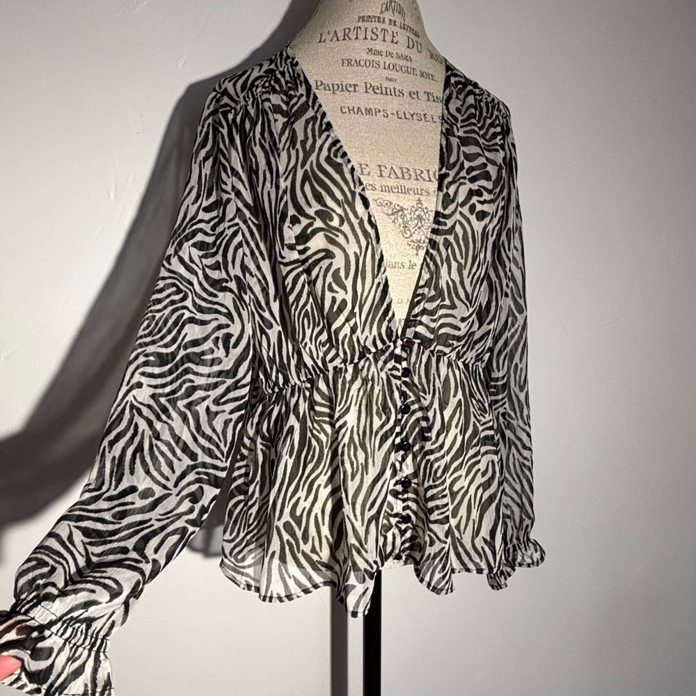 Cream Clothing Leonie Sheer Zebra Print Long Sleeve Blouse EU 42